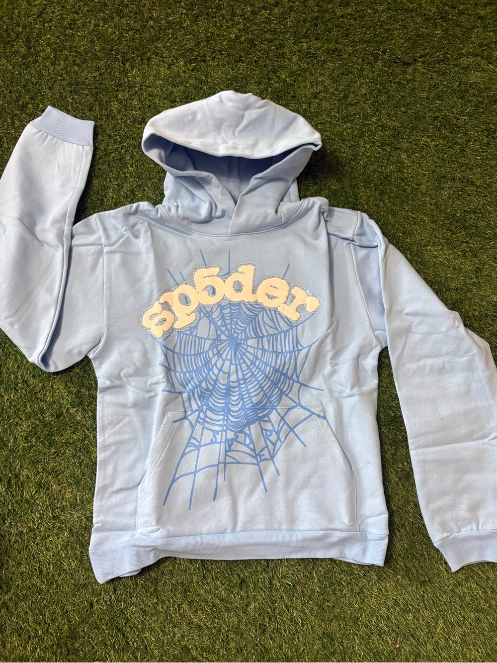 Light Blue 'sp5der' Kids Hoodie with Spiderweb Graphic